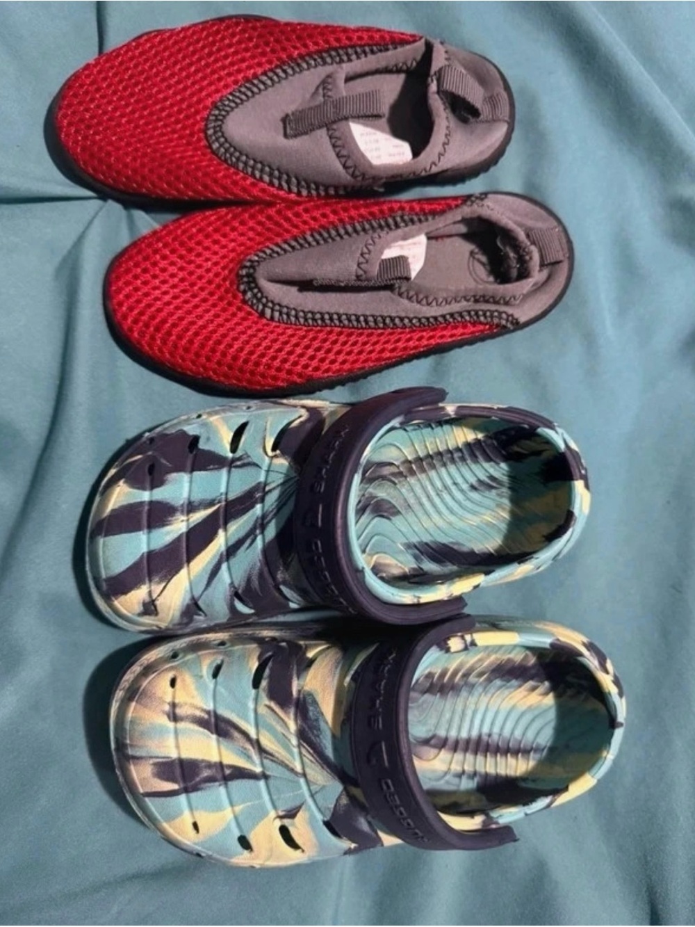 Kids Red Slip-On Water Shoes and Multi Blue Patterned Clogs - Brand Unspecified